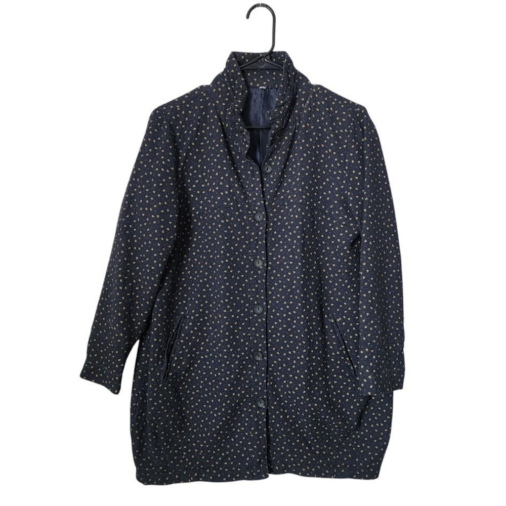 80s 90s Korean‎ Wool Quilted Floral Coat Navy Yellow Cottagecore Jacket